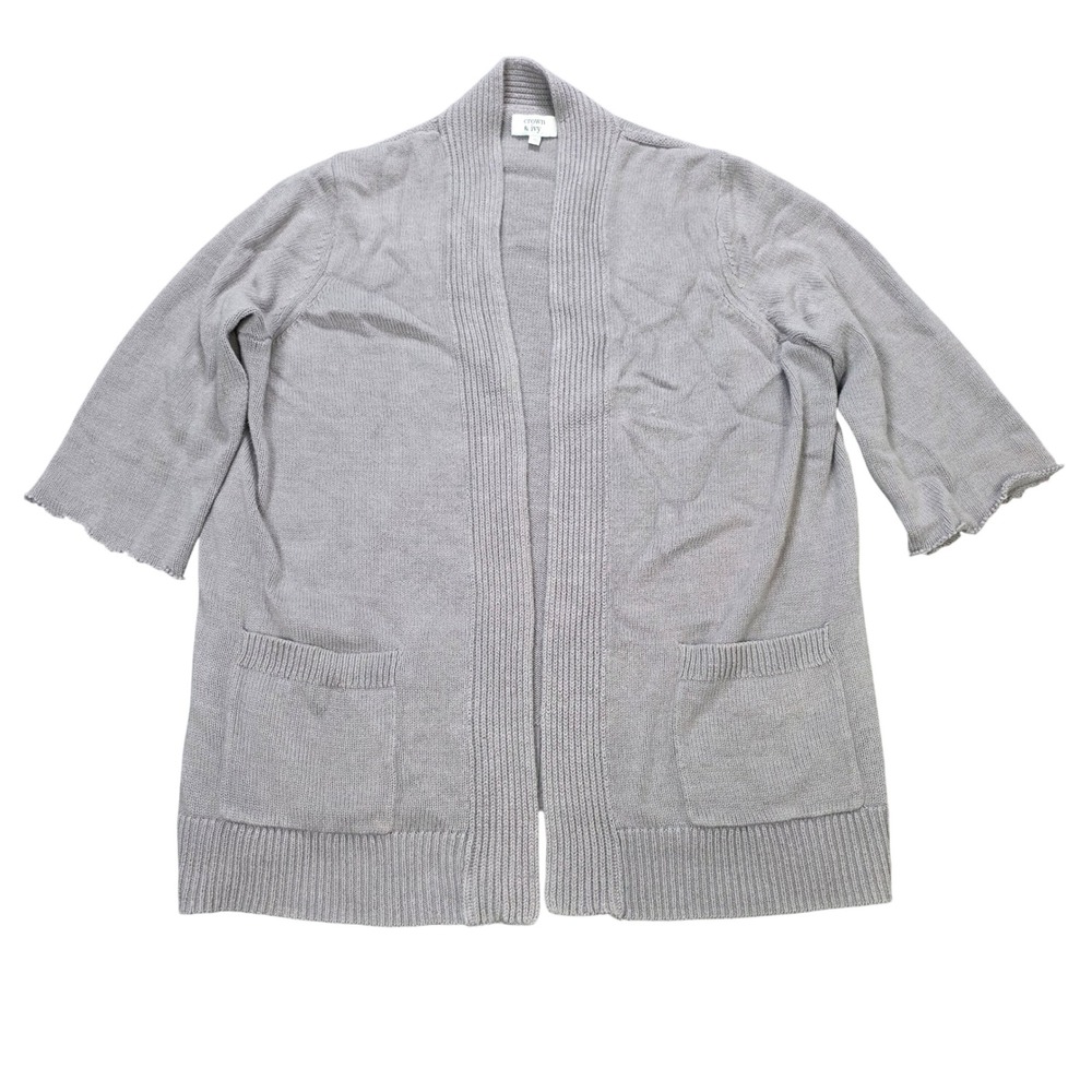 Crown & Ivy Open Front Cardigan Sweater Women's Size M Gray Pockets Cotton Blend